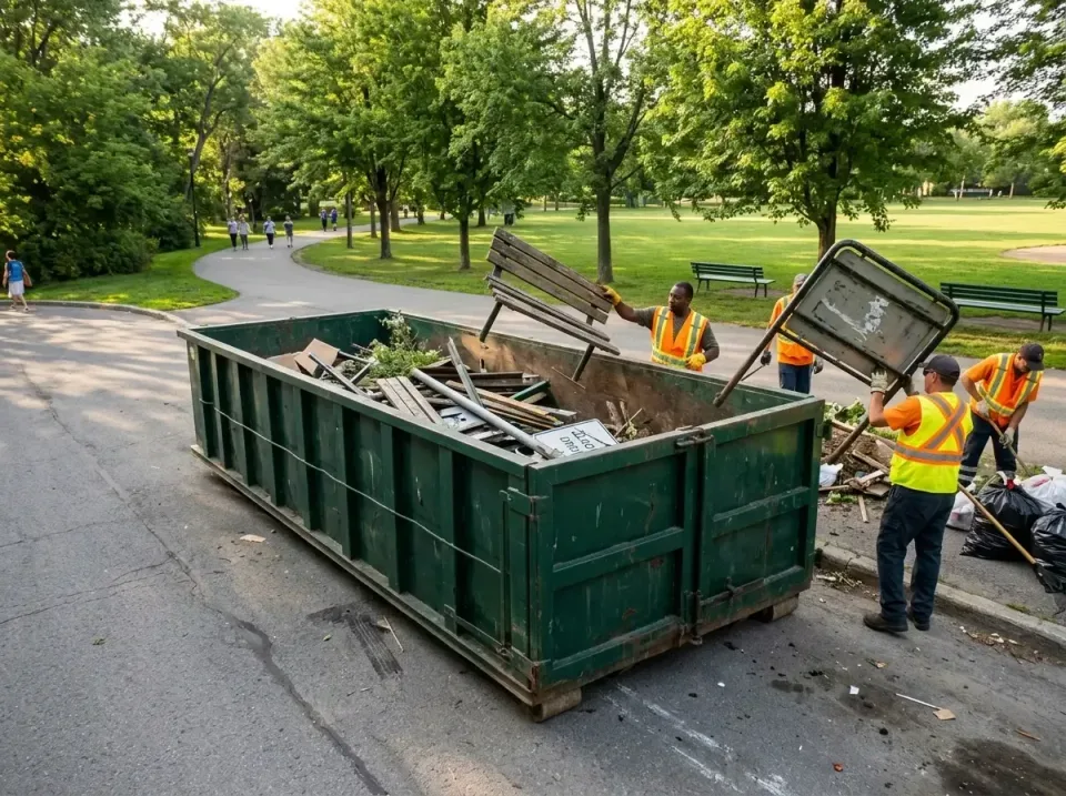Roll-off Dumpster — Municipal Park — Roll-off Dumpster, Construction Crew, Safety Vest, Municipal Park, Toilet and Dumpster…