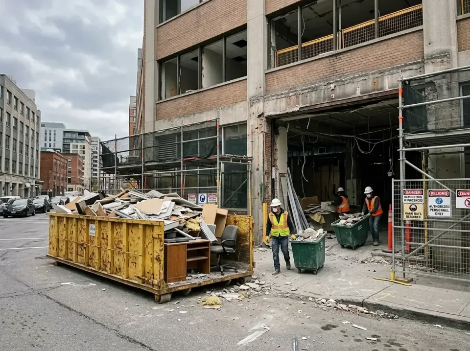 Roll-off Dumpster — Commercial Demolition — Roll-off Dumpster, Construction Crew, Safety Vest, Commercial Demolition, Toilet…