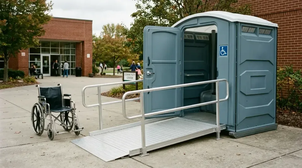 Wheelchair-accessible Porta Potty — Outdoor — Wheelchair-accessible Porta Potty, Wheelchair, Metal Ramp, Outdoor, Toilet and…