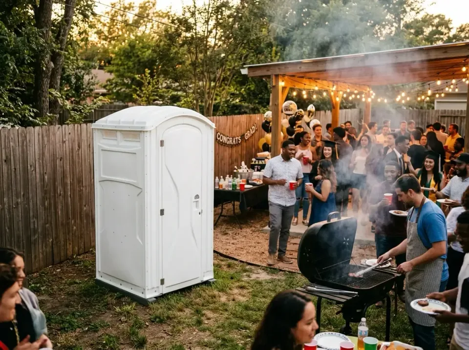 White Portable Restroom — Residential Backyard — White Portable Restroom, Barbecue Grill, Wooden Fence, Residential Backyard…