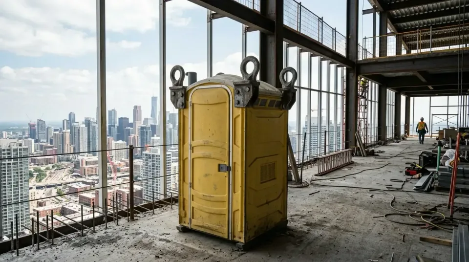 Yellow Portable Toilet — High-rise Construction Site — Yellow Portable Toilet, Crane Lifting Frame, Steel Beams, High-rise C…